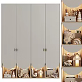 Modern Light Gray Wardrobe With Scalloped Doors And Interior Storage Shelves With Toys Decorative Items