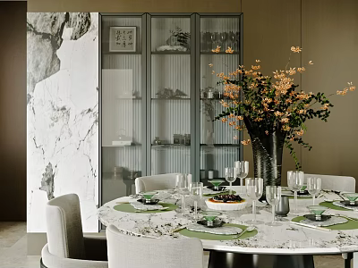 Elegant Modern Restaurant Dining Area With Round Marble Table Flower Vase Chairs And Glass Cabinet 3d model