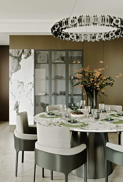 Elegant Modern Restaurant Dining Area With Round Marble Table Flower Vase Chairs And Glass Cabinet 3d model
