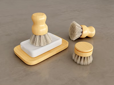 Bathroom Accessories Set With Natural Bristle Brushes Wooden Handles White Soap And Wooden Tray 3d model