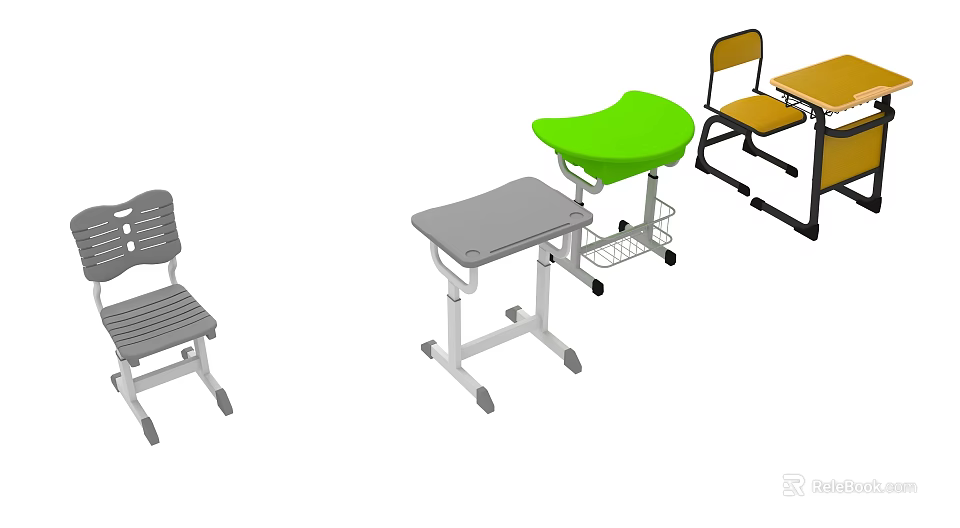 Different Colored Furniture Pieces Gray Green Yellow Chairs And Wheeled Desks 3d model 