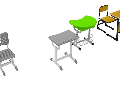 Different Colored Furniture Pieces Gray Green Yellow Chairs And Wheeled Desks 3d model