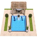 Outdoor Swimming Pool Area With Wooden Pergola Patio Umbrella And Green Plants