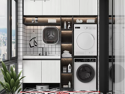 Modern Home Balcony With Washing Machine Dryer Storage Cabinets Sink And City View 3d model
