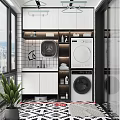 Modern Home Balcony With Washing Machine Dryer Storage Cabinets Sink And City View