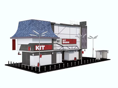 Cartoon Building Scene With Blue Roof KIT Sign BIT Station Street Lamps And Kiosk 3d model