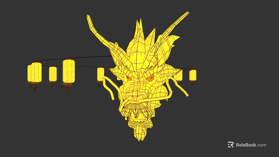 Traditional Chinese Yellow Dragon Lantern Head With Hanging Lantern Decorations 3d model 