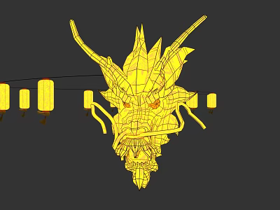 Traditional Chinese Yellow Dragon Lantern Head With Hanging Lantern Decorations 3d model