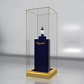 Display Showcase with Golden Frame Transparent Design Holding Blue L'egende Bottle on Golden Base
