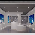 Modern Office Reception Desk With Marble Wall Company Logo And Ceiling Lights