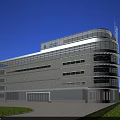 Modern Office Building Exterior With Glass Curtain Wall And Green Lawn