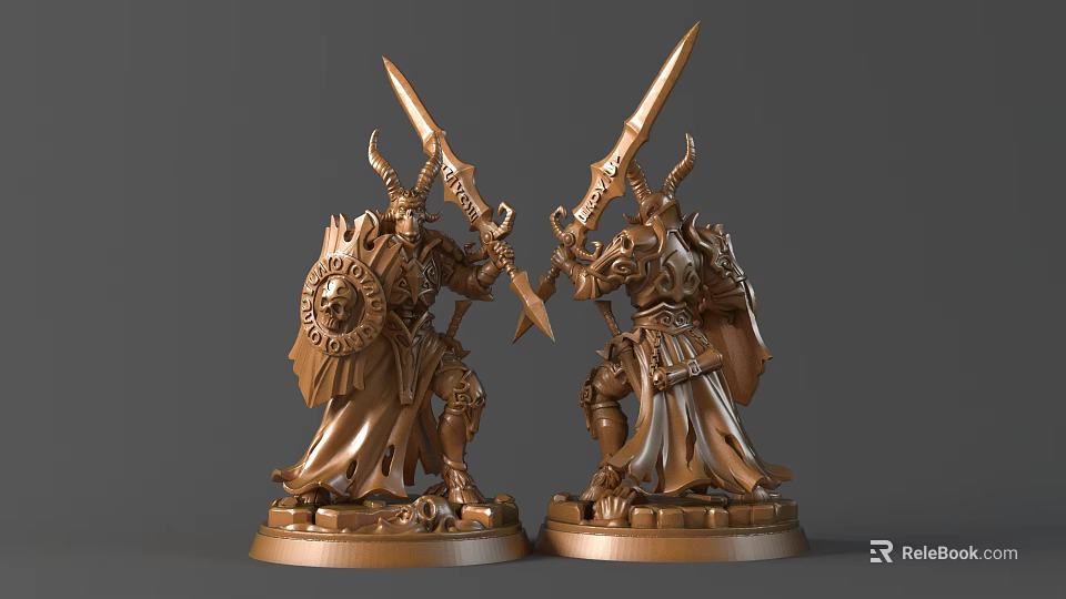 Bronze Warrior Sculptures With Horns Holding Swords And Shields On Base 3d model 
