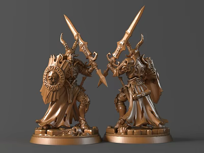 Bronze Warrior Sculptures With Horns Holding Swords And Shields On Base 3d model