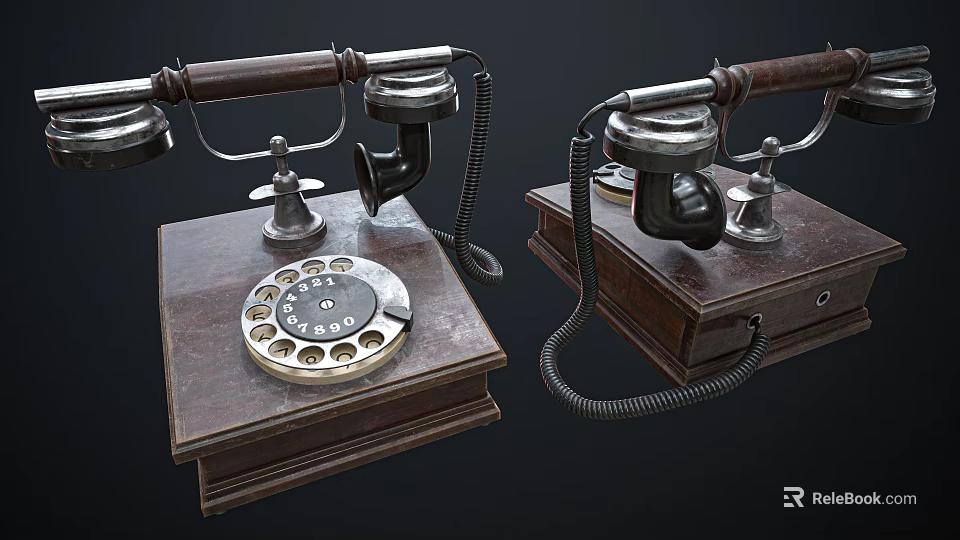 Two Classic Vintage Telephones With Rotary Dial Wooden Base And Black Cables 3d model 