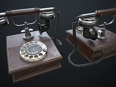 Two Classic Vintage Telephones With Rotary Dial Wooden Base And Black Cables 3d model