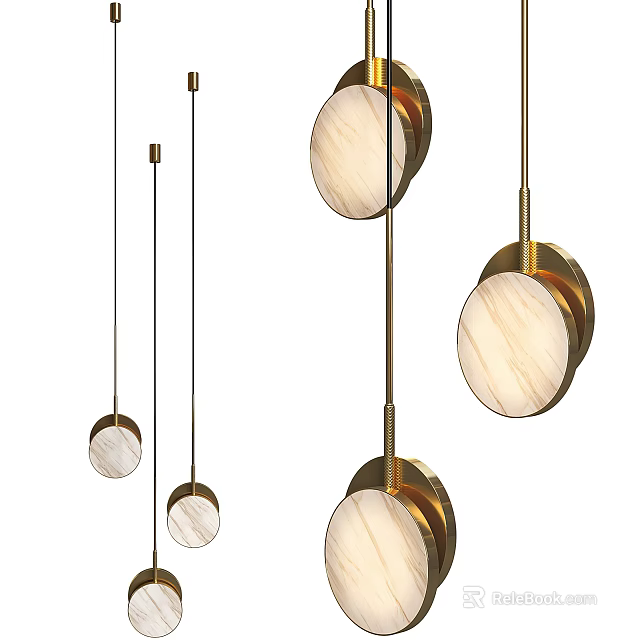 Modern Circular Pendant Lights with Brass Frame and Marble Shade Design 3d model