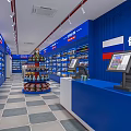 Supermarket Grocery Store Interior With Blue Shelves Matryoshka Dolls And Checkout Counters