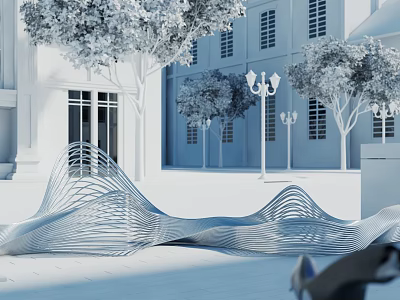 Modern Outdoor Chair with Wavy Metal Design in Park Area Featuring Trees and Buildings 3d model