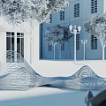 Modern Outdoor Chair with Wavy Metal Design in Park Area Featuring Trees and Buildings