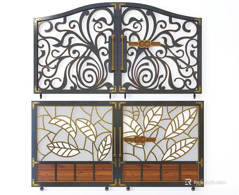 Iron And Wooden Decorative Gates With Curved Patterns And Golden Leaf Motifs 3d model 