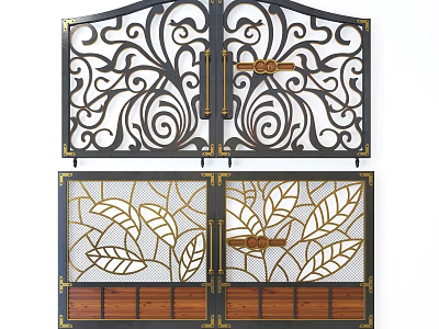 Iron And Wooden Decorative Gates With Curved Patterns And Golden Leaf Motifs 3d model