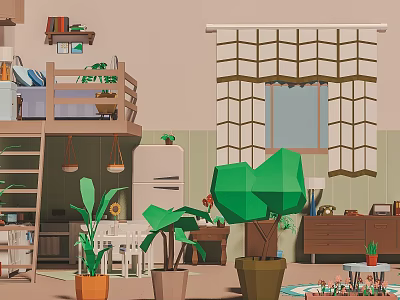 Cartoon Interior Scene With Loft Bed Green Plants Window Curtains And Furniture 3d model