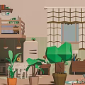 Cartoon Interior Scene With Loft Bed Green Plants Window Curtains And Furniture