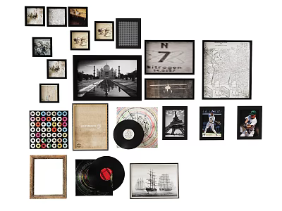 Creative Photo Wall with Mixed Size Frames Black White Photos Vinyl Record and Decorative Art 3d model