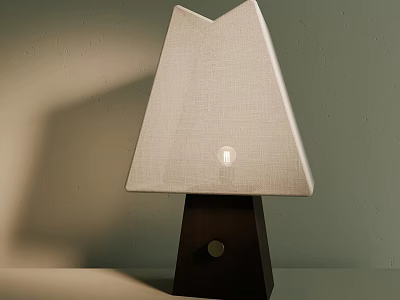 Minimalist Table Lamp Featuring Geometric Fabric Shade And Dark Wooden Base With Lit Bulb 3d model