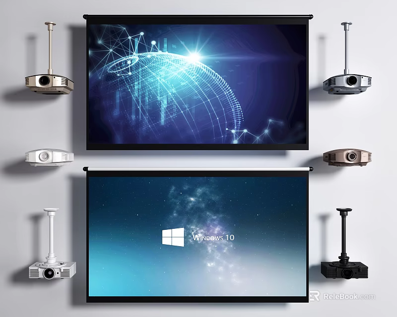 Modern Projection Monitoring System with Multiple Projectors and Screens Display Setup 3d model 