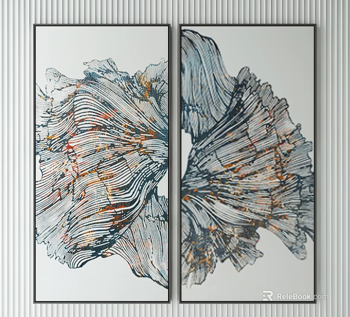 Symmetrical Abstract Artwork With Flowing Lines Blue Orange Gray Tones White Background Black Frames 3d model