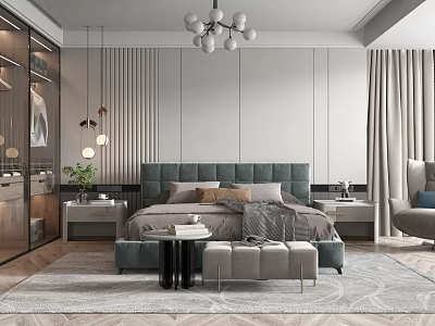 Modern Bedroom Interior Design With Blue Tufted Headboard Bed Nightstands Patterned Rug And Chandelier 3d model