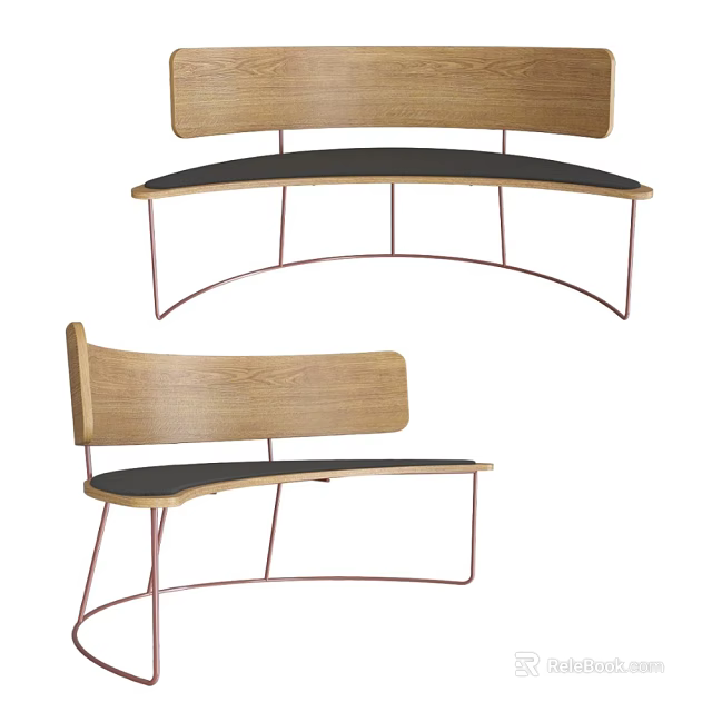Modern Leisure Chair With Wooden Backrest Metal Frame And Curved Black Cushion Design 3d model 