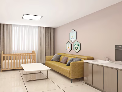 Cozy Living Room With Baby Crib Yellow Sofa Gray Cushions And Hexagonal Wall Art 3d model