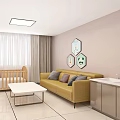 Cozy Living Room With Baby Crib Yellow Sofa Gray Cushions And Hexagonal Wall Art