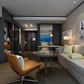 Modern Hotel Room Interior With Floor to Ceiling Windows City Night View And Comfortable Seating