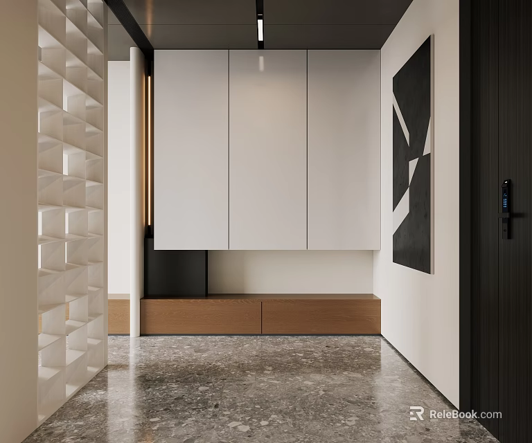 Modern Entryway Hallway With Geometric Perforated Wall Panel White Cabinets And Black Abstract Artwork 3d model 