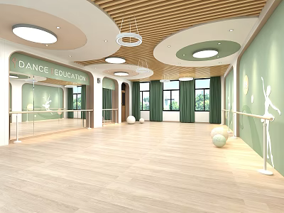 School Dance Studio With Green Walls Wooden Flooring And Ballet Barres 3d model