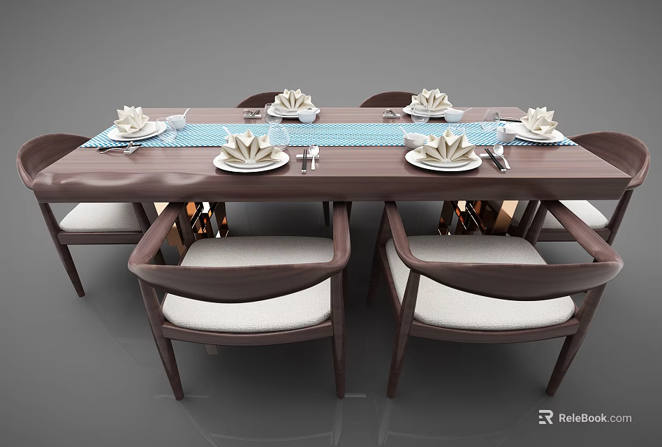 Elegant Dining Table Set With Wooden Table Upholstered Chairs And Tableware Setting 3d model
