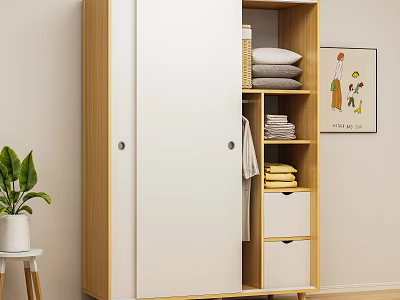 Modern Wardrobe with Wooden White Double Doors and Internal Storage for Folded Clothes 3d model