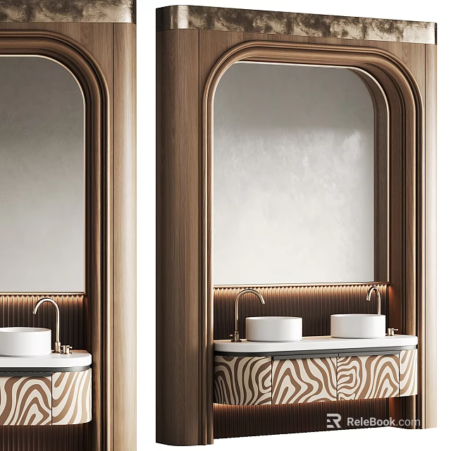 Modern Bathroom Vanity With Double Sinks Wooden Frame And Marble Countertop Mirror 3d model 