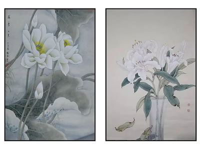 Botanical Paintings With White Flowers In Vase Leaves And Small Fish Design 3d model