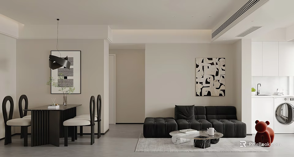 Modern Living Dining Room With Black Sofa Coffee Table And Artwork Decor 3d model