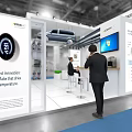 DORREN MES Exhibition Booth White Modern Design With Display Screen Staff And Visitors