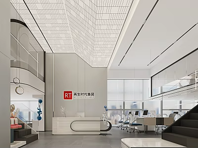 Modern Office Front Desk Reception With White Counter Ceiling Design And Workspace 3d model