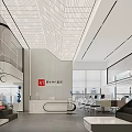 Modern Office Front Desk Reception With White Counter Ceiling Design And Workspace 3d model