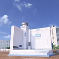 White Building With Dome And Blue Sign Surrounded By High rise Buildings And Trees