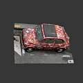 Small Red Car Covered with Various Stickers All Over the Body