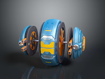 Futuristic Three Blue And Yellow Mechanical Wheels With Metallic Axle And Gears 3d model