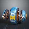 Futuristic Three Blue And Yellow Mechanical Wheels With Metallic Axle And Gears